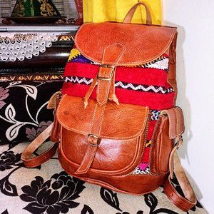 Vintage Kilim and Genuine Leather Backpack Bohemian Moroccan Unisex Handmade